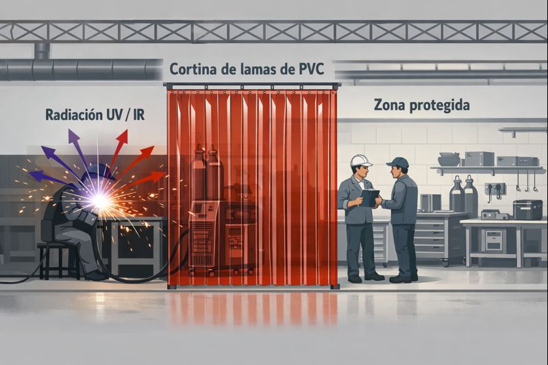 Infografía sobre los riesgos de la soldadura y la protección con cortinas de lamas de PVC