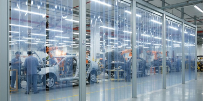 Cortina de lamas de PVC para protección contra proyecciones industriales: pintura, químicos, alta presión